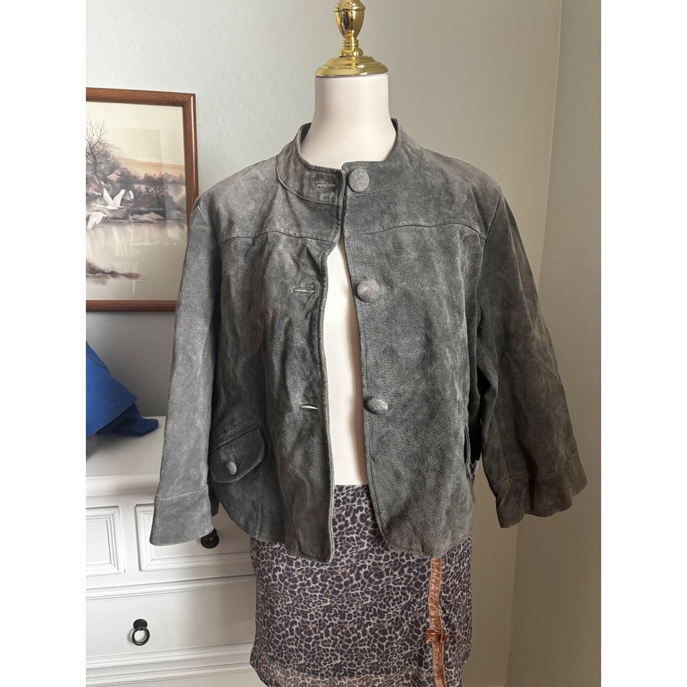 Sonoma Grey Suede‎ Leather Jacket Womens Large Mock Neck Cropped 3/4 Sleeve Grey
